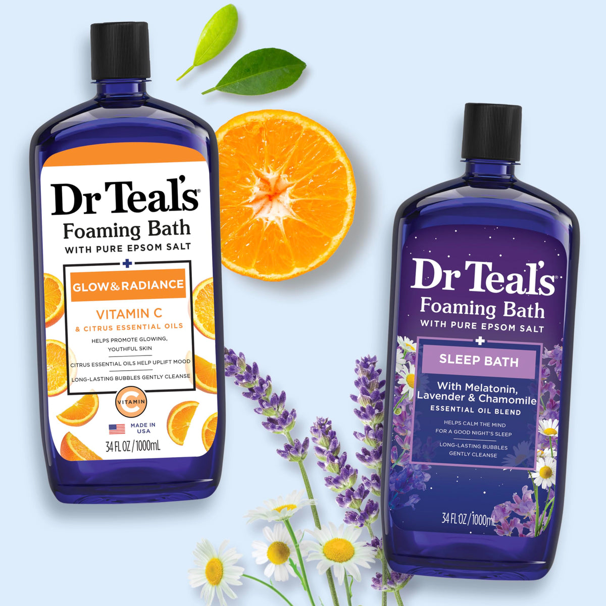 Dr Teal's bottles with lavender and citrus flowers for sensory appeal