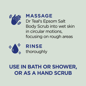 Dr Teal's scrub applied on hand demonstrating exfoliation and softening benefit