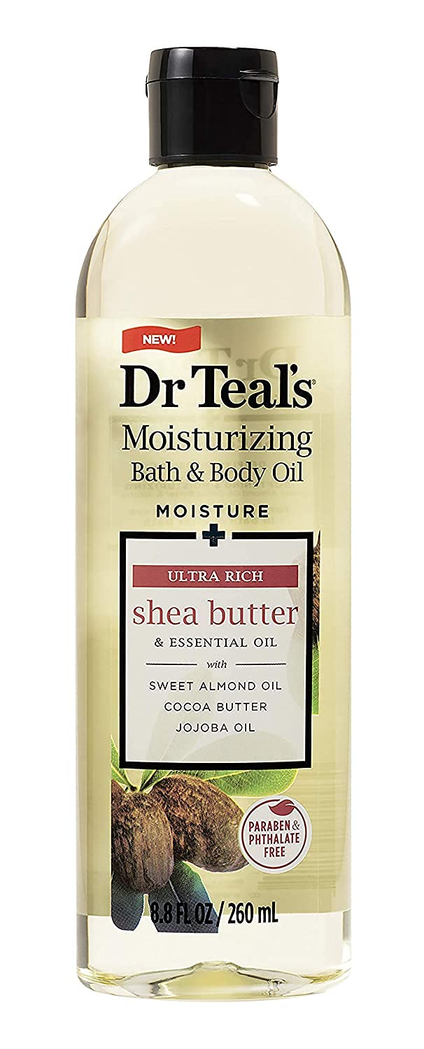 Dr Teal's shea butter oil label focus showing nourishing formula benefit