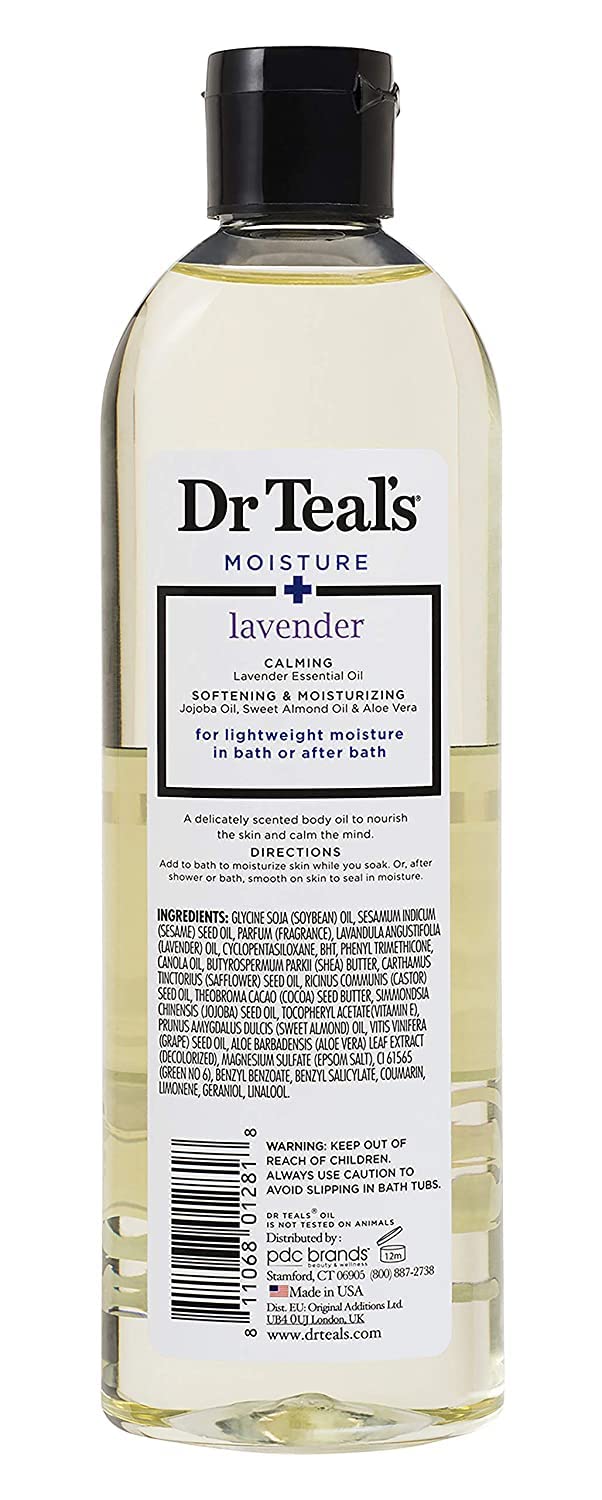Dr Teal's shea butter oil pouring to show silky texture and deep hydration benefit