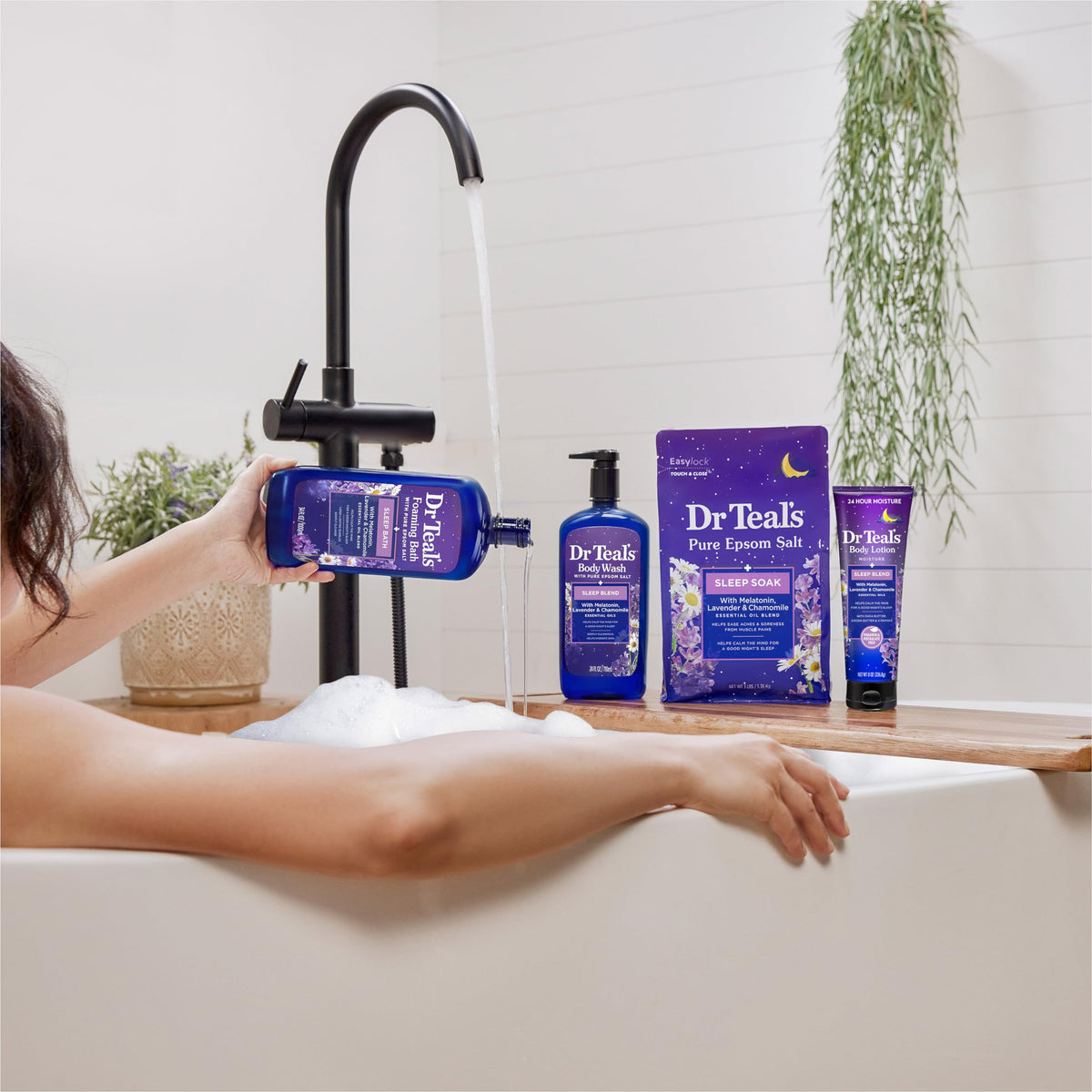 Dr Teal's in-shower use showing gentle cleansing during nighttime routine