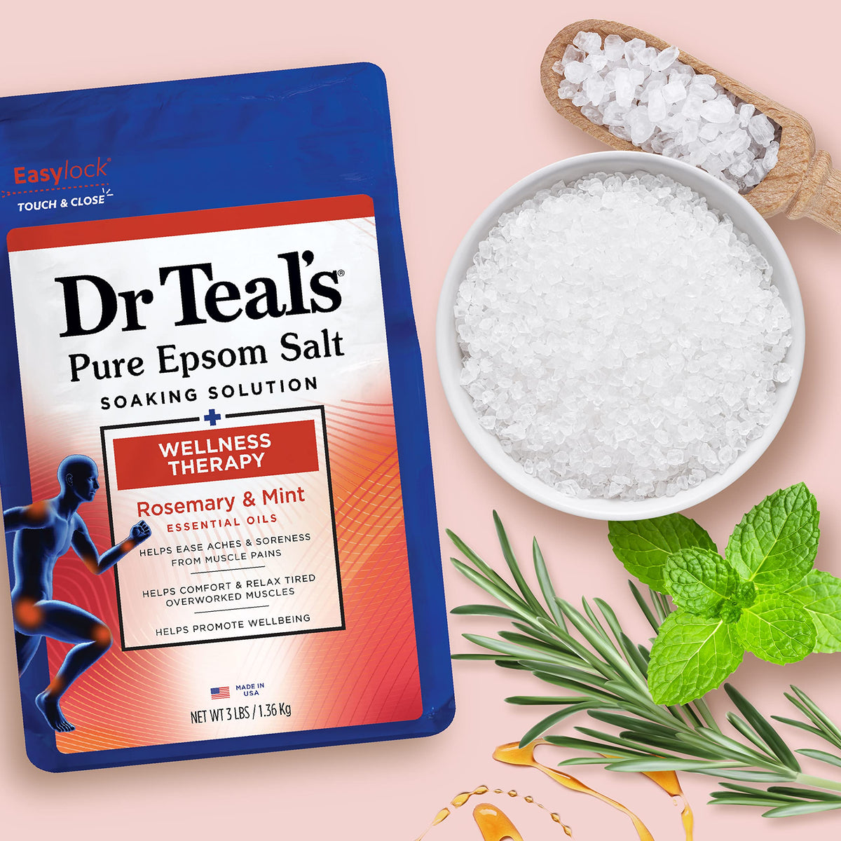 Hand holding Dr Teal's 3 lb container for scale, benefit of easy home use