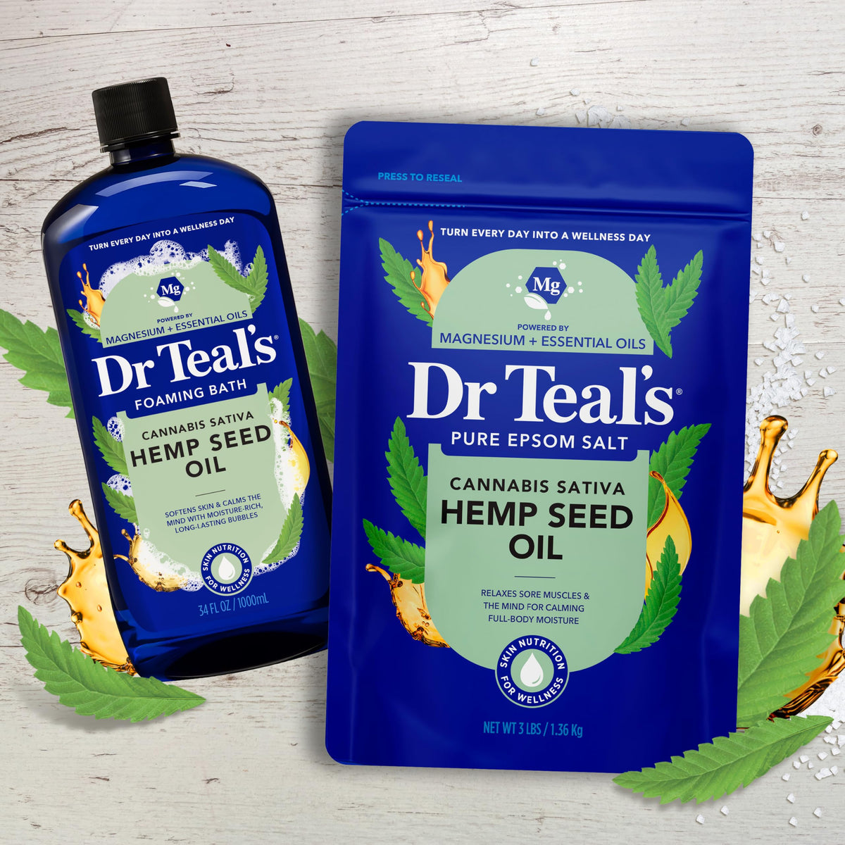 Hand holding a 3 lb Dr Teal's tub showing product size and portability