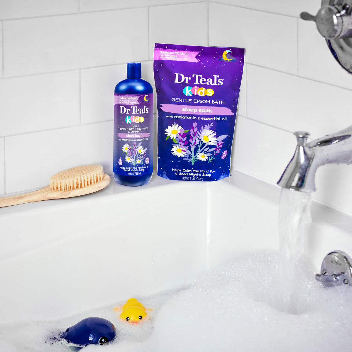 Dr Teal's bottle beside towel showing 20 fl oz size and scale