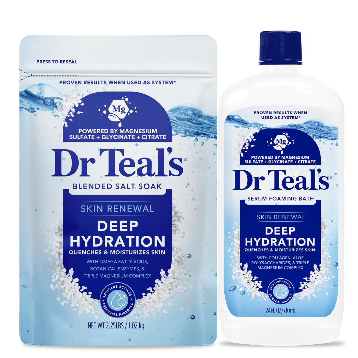 Dr Teal's front packaging showing product duo and hydration benefits