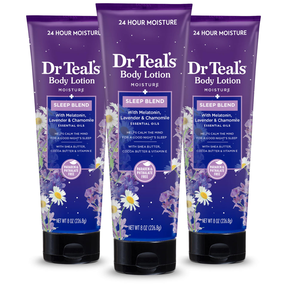 Dr Teal's front bottle shot showing calming sleep lotion and packaging benefit