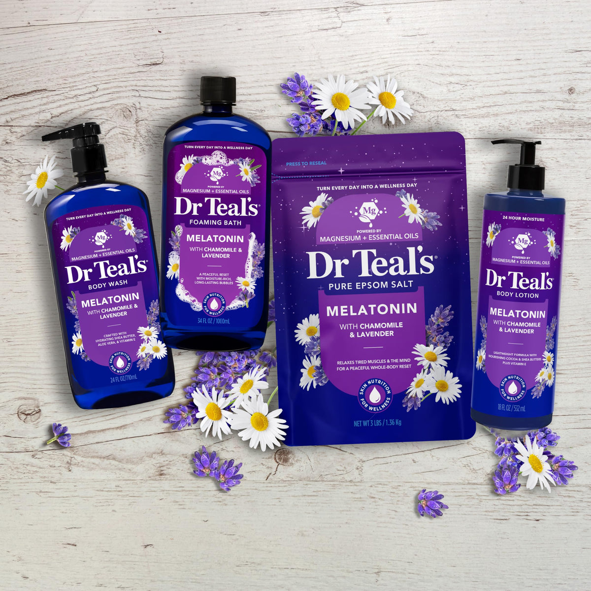 Dr Teal's four-pack stacked to show value and multi-pack storage