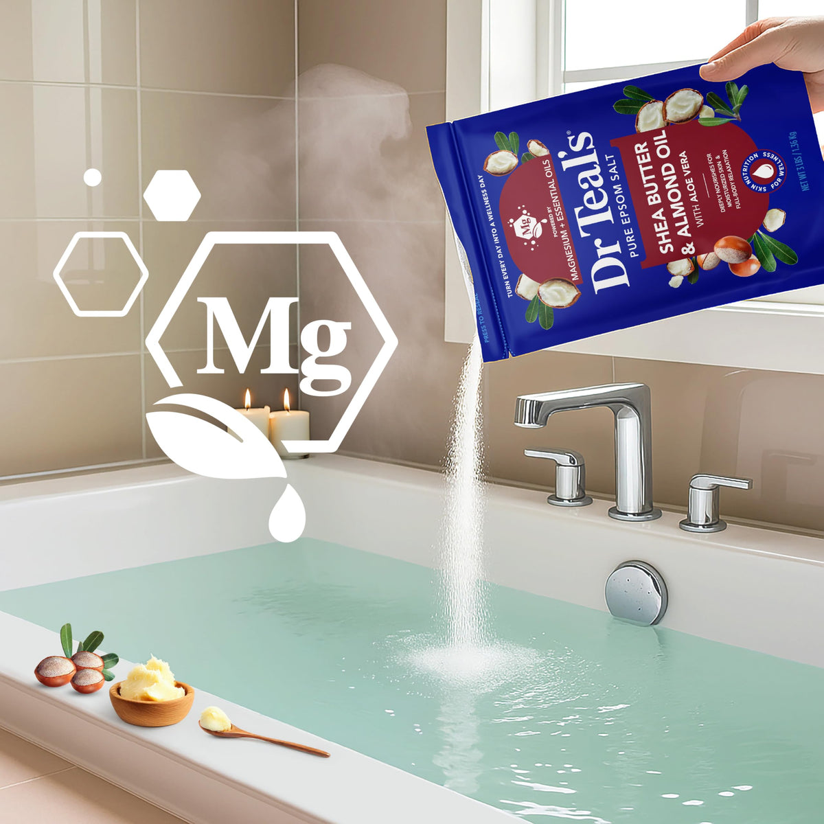 Dr Teal's soak in a bubble-filled tub creating a relaxing atmosphere and hydrated skin benefit