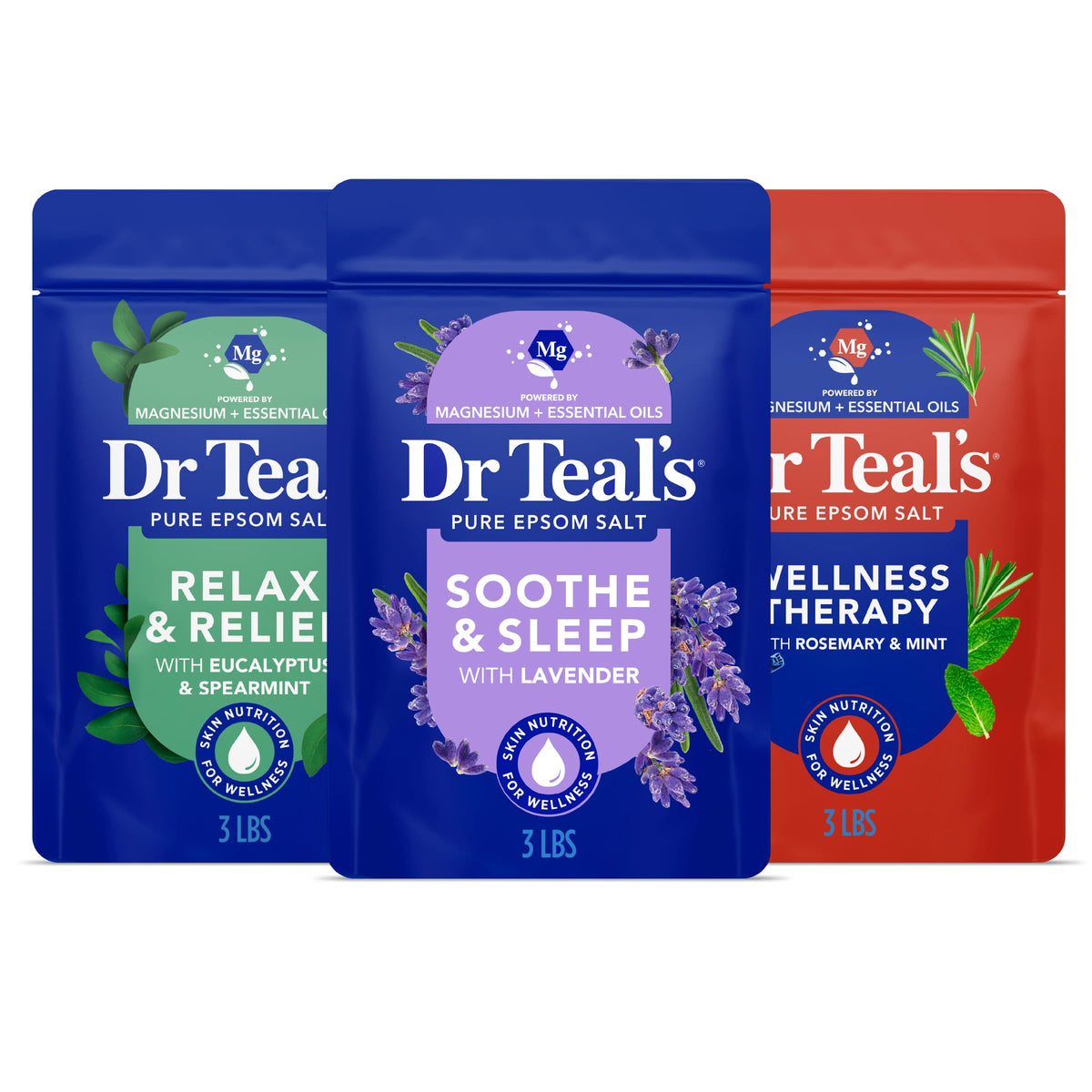 Dr Teal's three tubs front packaging showing trio for versatile soaks