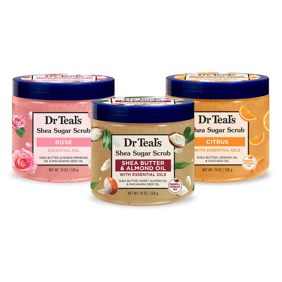 Dr Teal's front packaging showing three jars and scent variety benefits