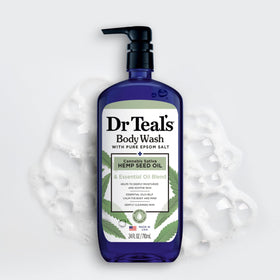 Dr Teal's two-bottle pack styled on vanity showing value and convenience
