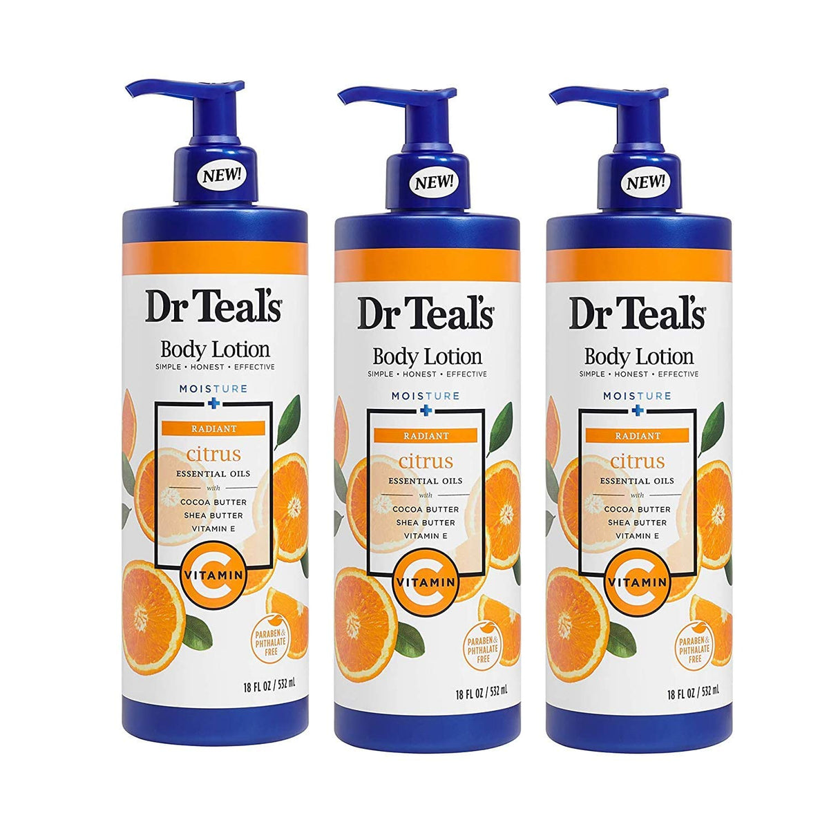 Dr Teal's front packaging showing three 18oz bottles, hydrating glow benefit