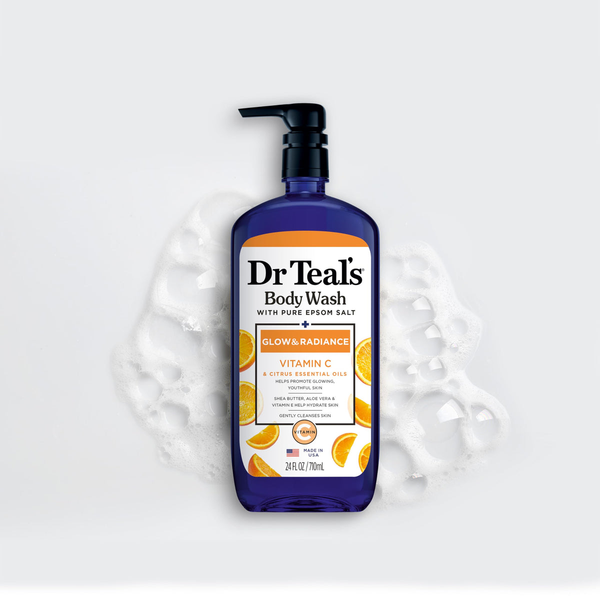 Dr Teal's body wash being applied to wet skin to refresh and relax