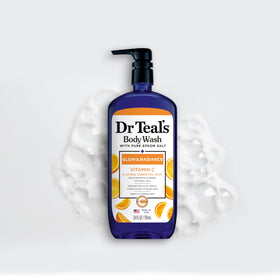 Dr Teal's body wash being applied to wet skin to refresh and relax