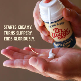 Dr. Tuggs lotion being dispensed from bottle, demonstrates easy controlled application