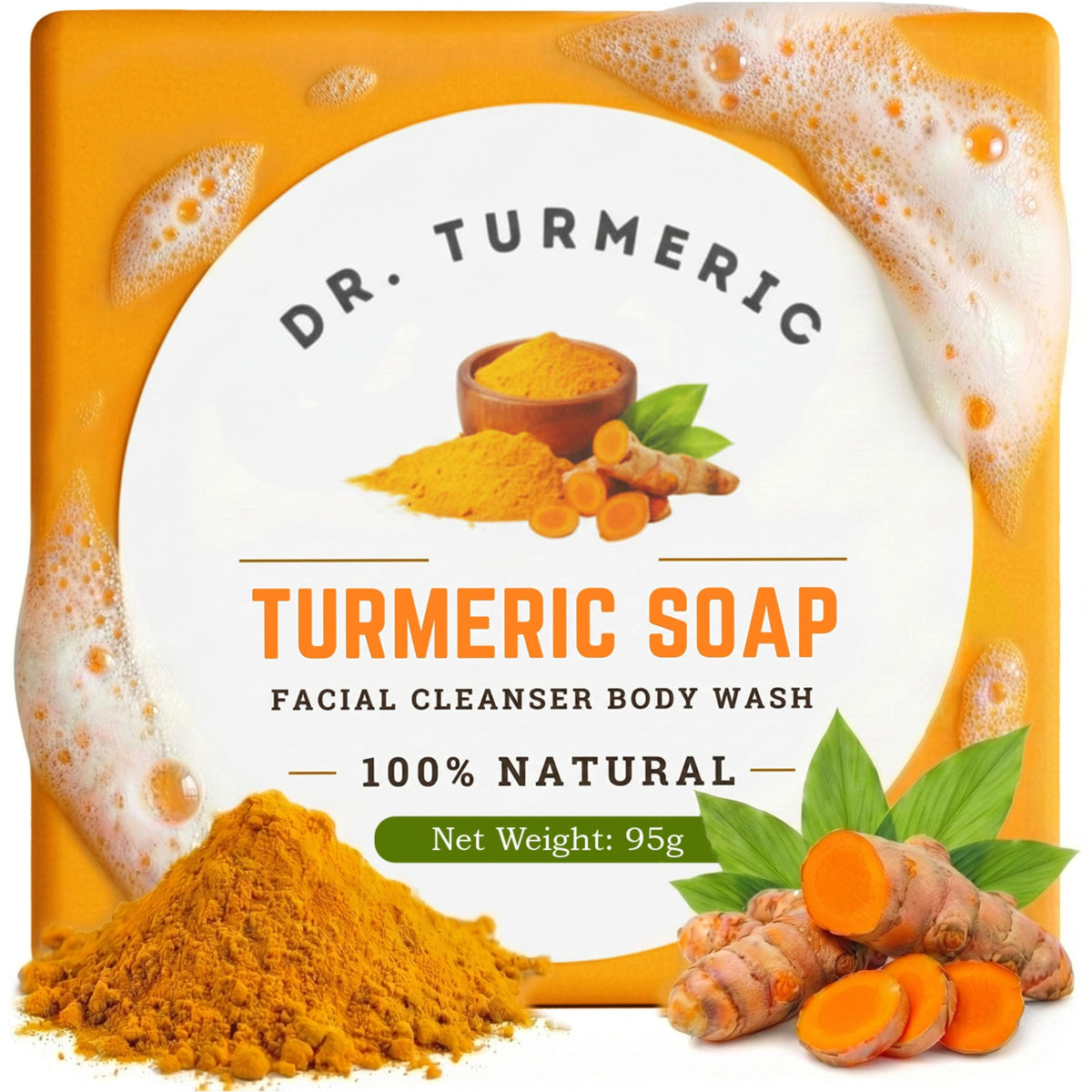 Dr. Turmeric front packaging showing soap bar and benefits