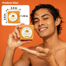 Dr. Turmeric soap in bathroom lifestyle setting suggesting daily use