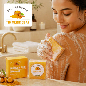 Dr. Turmeric soap bar side profile highlighting texture and shape