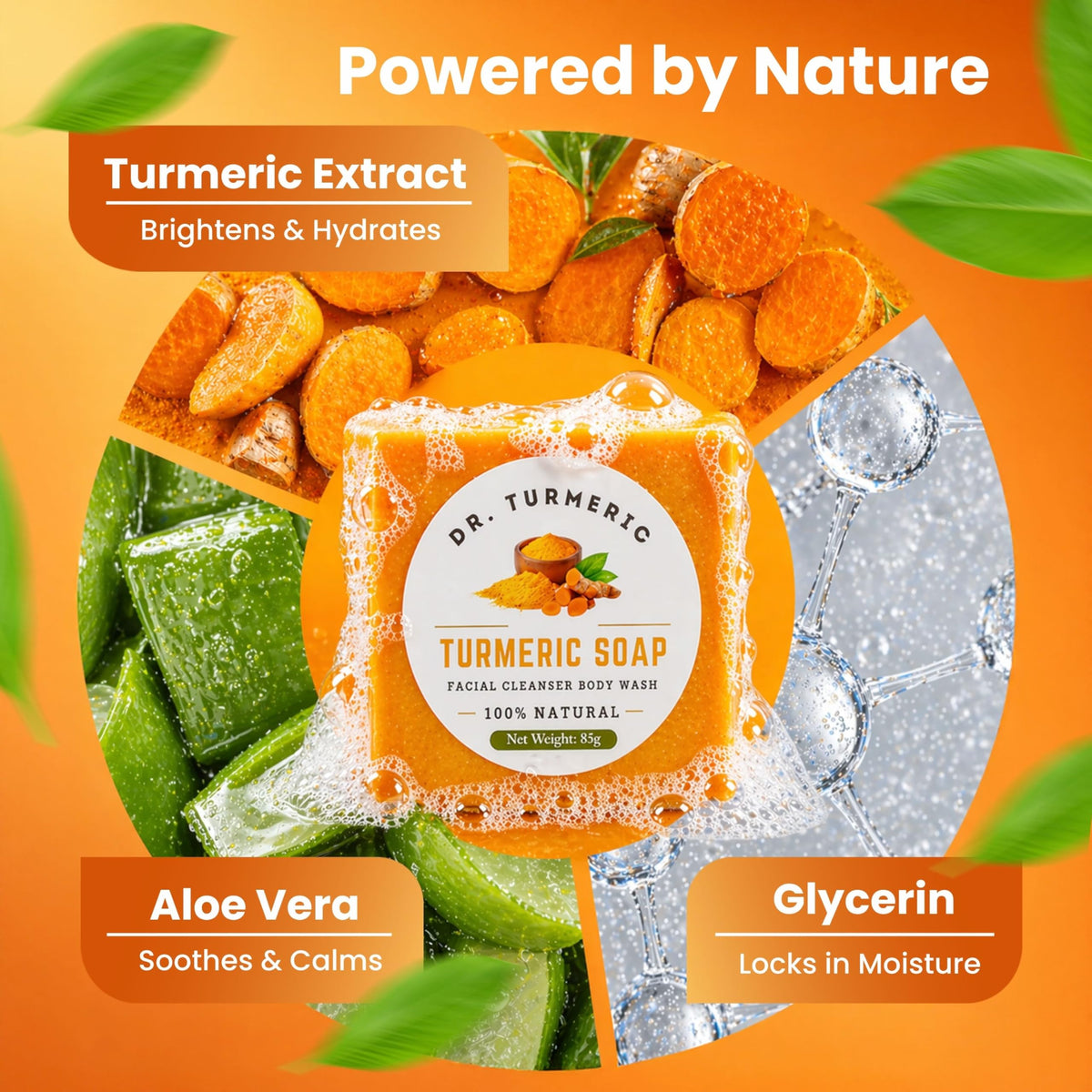 Dr. Turmeric soap being used in hand demonstrating gentle cleanse