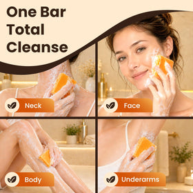 Dr. Turmeric soap beside hand to show real size and scale