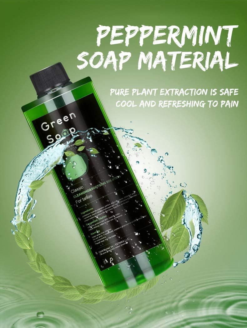 Dragon Art green soap used at tattoo station demonstrating quick cleanup and workflow efficiency
