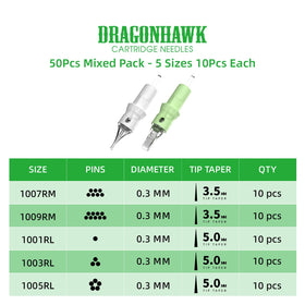 Dragonhawk cartridges lined up to show size variety for versatile tattooing