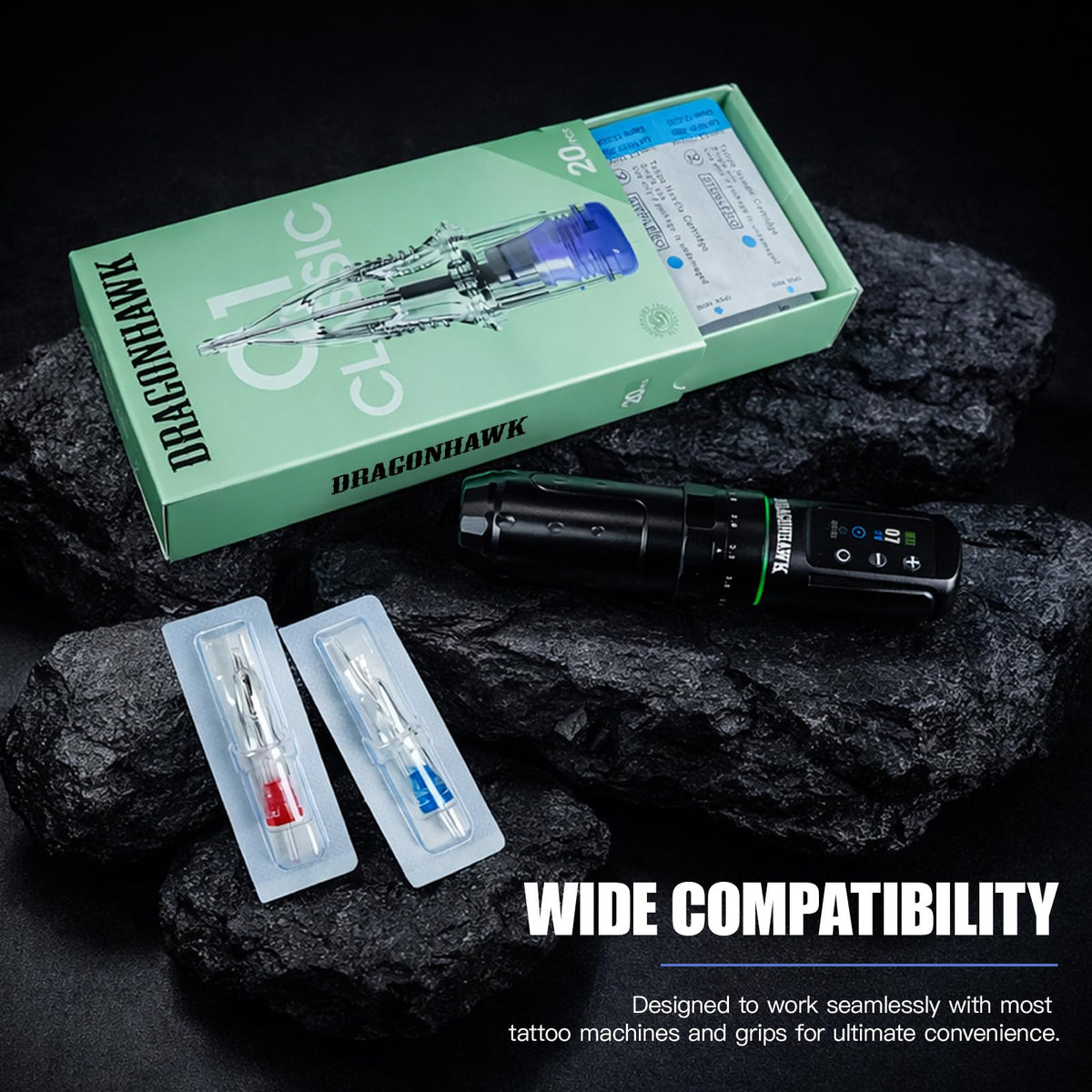 Dragonhawk cartridges on a tattoo station highlighting studio efficiency