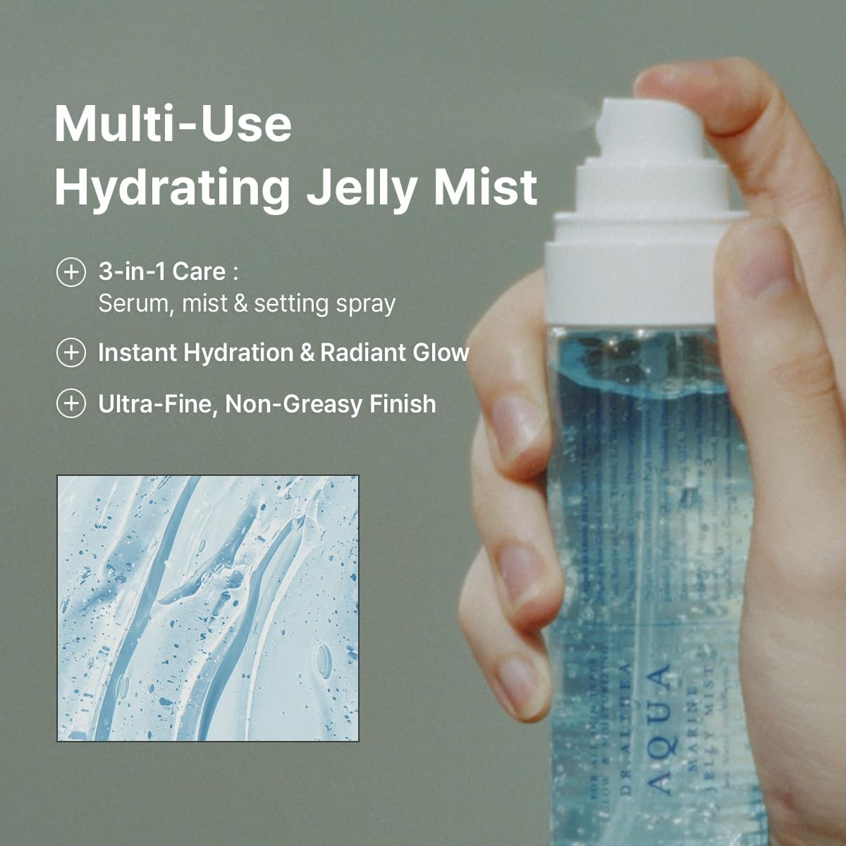 Dr.Althea close-up of jelly texture on skin, illustrates dewy, non-sticky finish