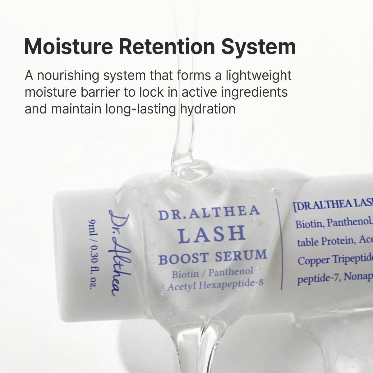 Dr.Althea lash boost ingredient label highlighting biotin panthenol and 12-peptide complex