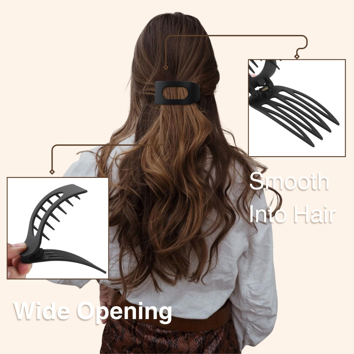 Drealoe clip holding half-up hairstyle, demonstrating comfortable all-day wear