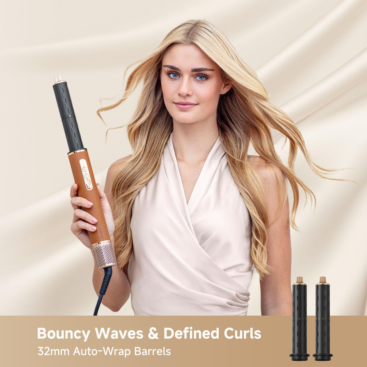 DREAME close-up of curling barrel attachment highlighting smooth curls and easy styling
