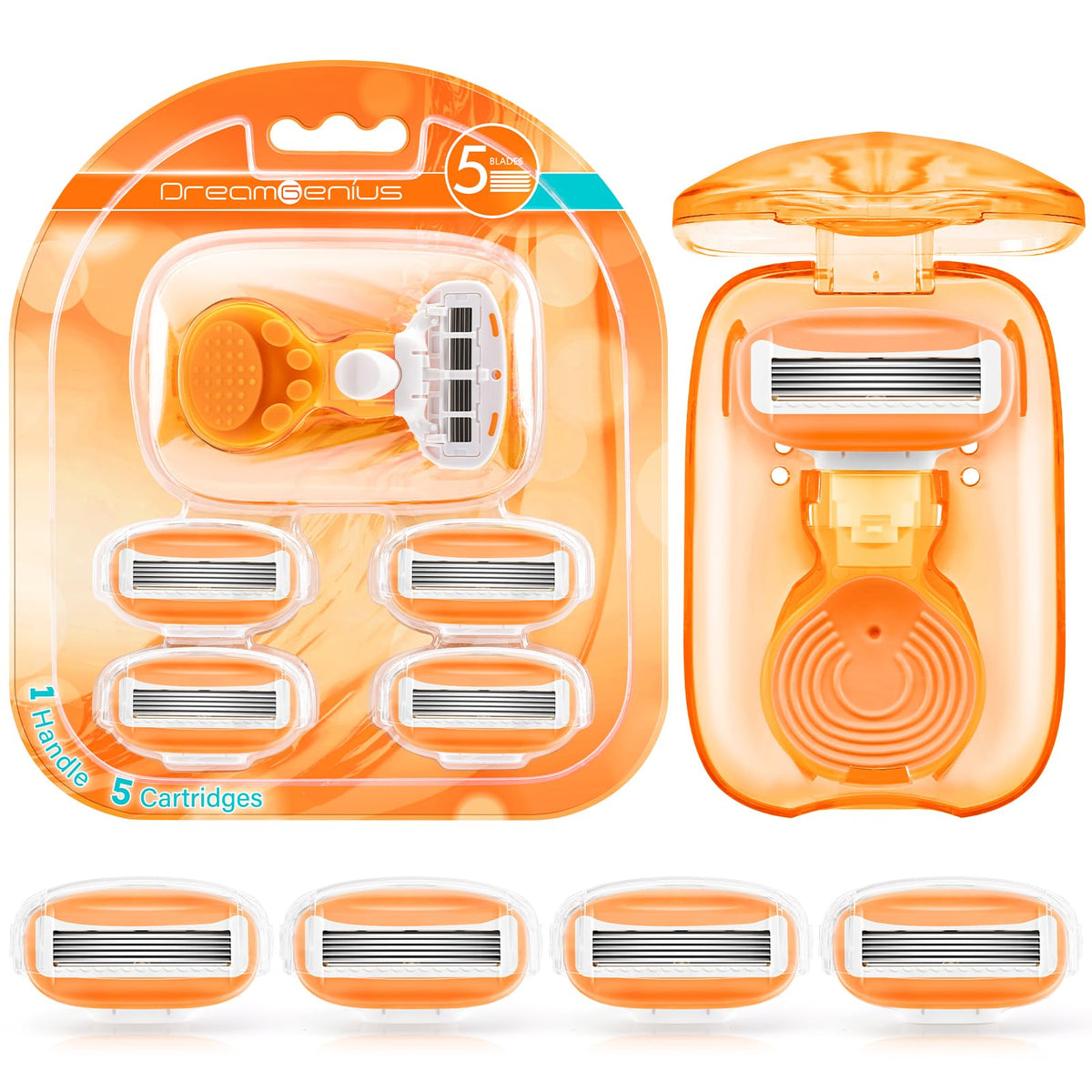 DreamGenius razor front view showing compact orange design and travel-ready benefit