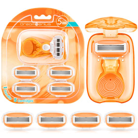 DreamGenius razor front view showing compact orange design and travel-ready benefit