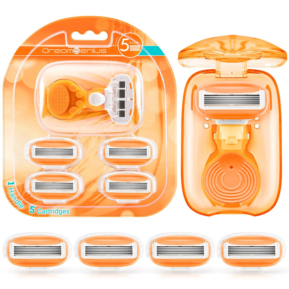 DreamGenius razor front view showing compact orange design and travel-ready benefit
