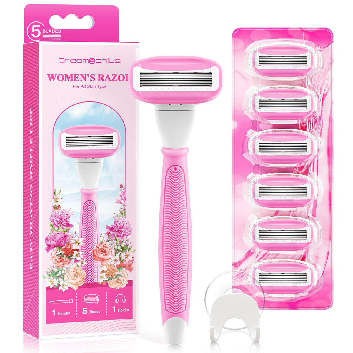 DreamGenius front packaging showing razor set and seven refill cartridges for convenience