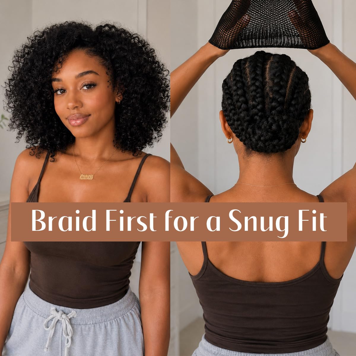 Dreamlover cap fitted on model under wig base for smooth, natural wig placement