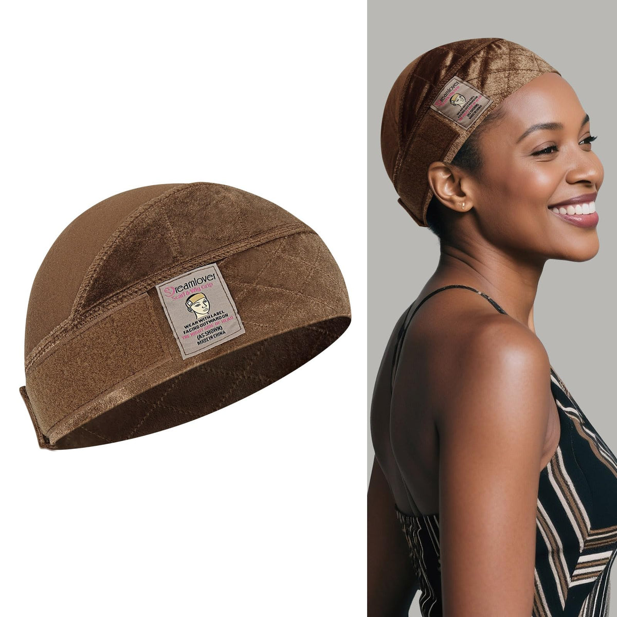 Dreamlover front view brown cap showing fit and secure band benefit