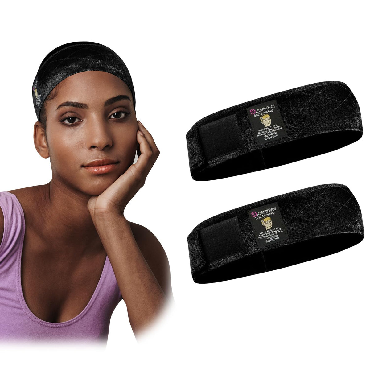 Dreamlover front view showing two black grip bands and clear packaging, secure fit