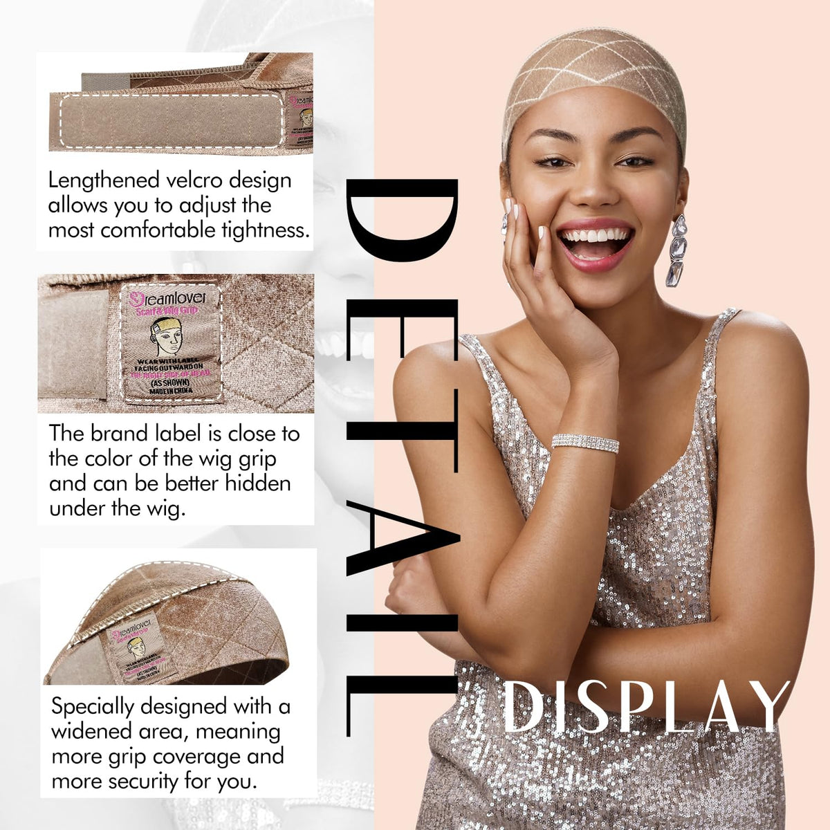 Dreamlover grip positioned under a wig illustrating discreet anti-slip support