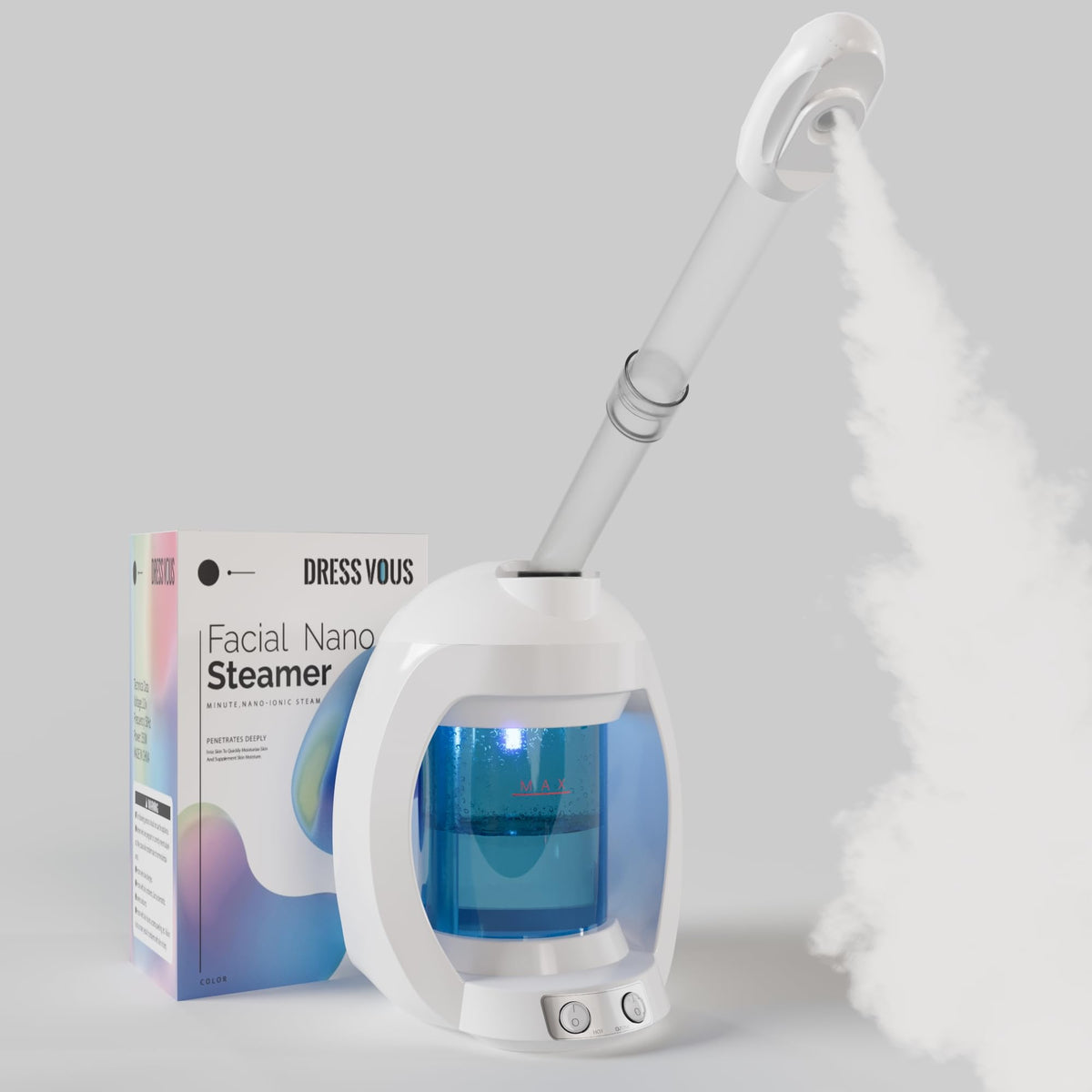 Dress Vous front view showing compact steamer and ergonomic base for easy placement