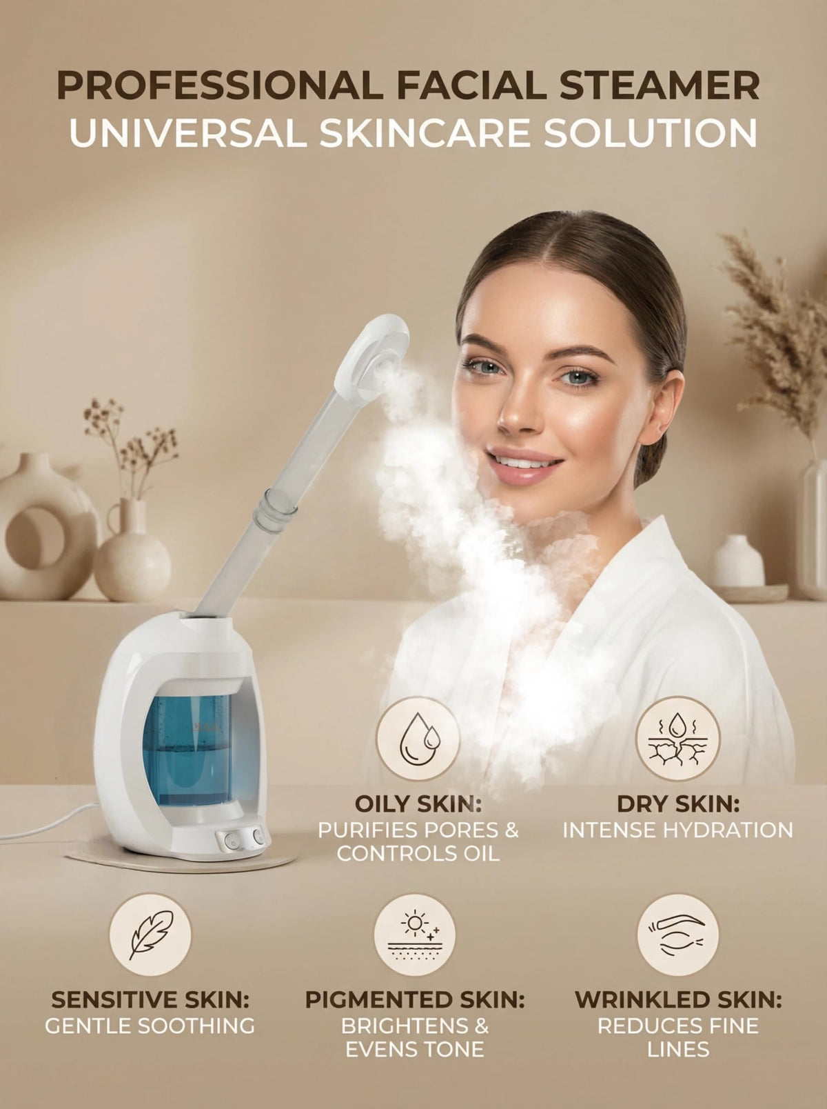 Dress Vous in use on seated user showing flexible tube and targeted steaming benefit