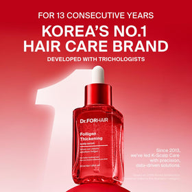 DR.FORHAIR serum dropper above palm showing lightweight texture and quick absorption
