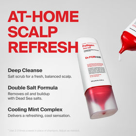 Dr.FORHAIR salt crystals poured over hands to show mineral-rich formula boosting scalp cleansing