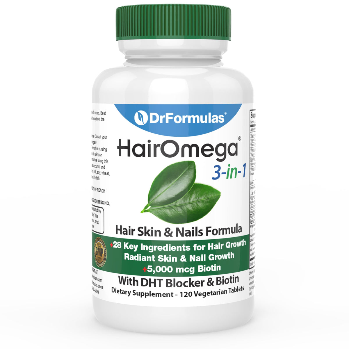 DrFormulas HairOmega front packaging showing bottle and label benefits