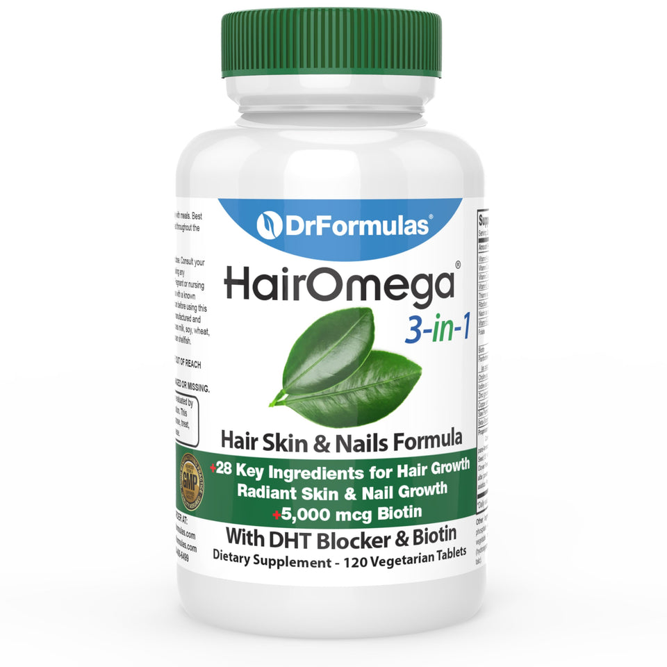 DrFormulas HairOmega front packaging showing bottle and label benefits