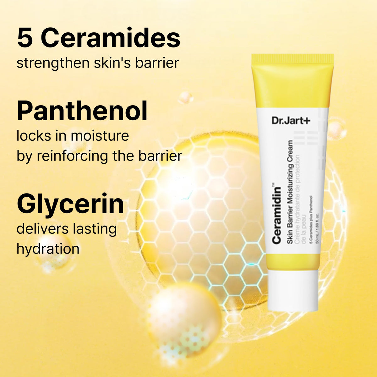 Visual of ceramide illustration beside Dr.Jart+ to emphasize barrier-replenishing benefits