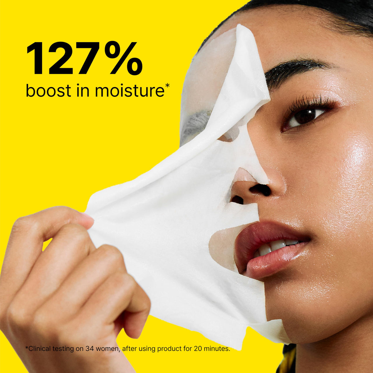 Model wearing Dr.Jart+ ceramidin mask demonstrating comfortable fit and soothing effect