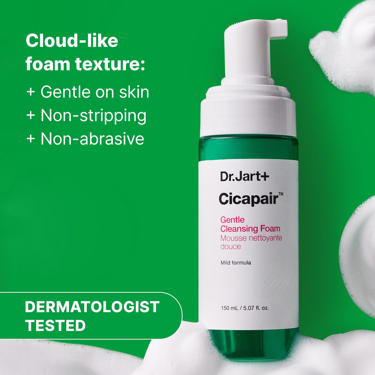 Dr.Jart+ foam being applied to damp face to show gentle makeup removal benefit