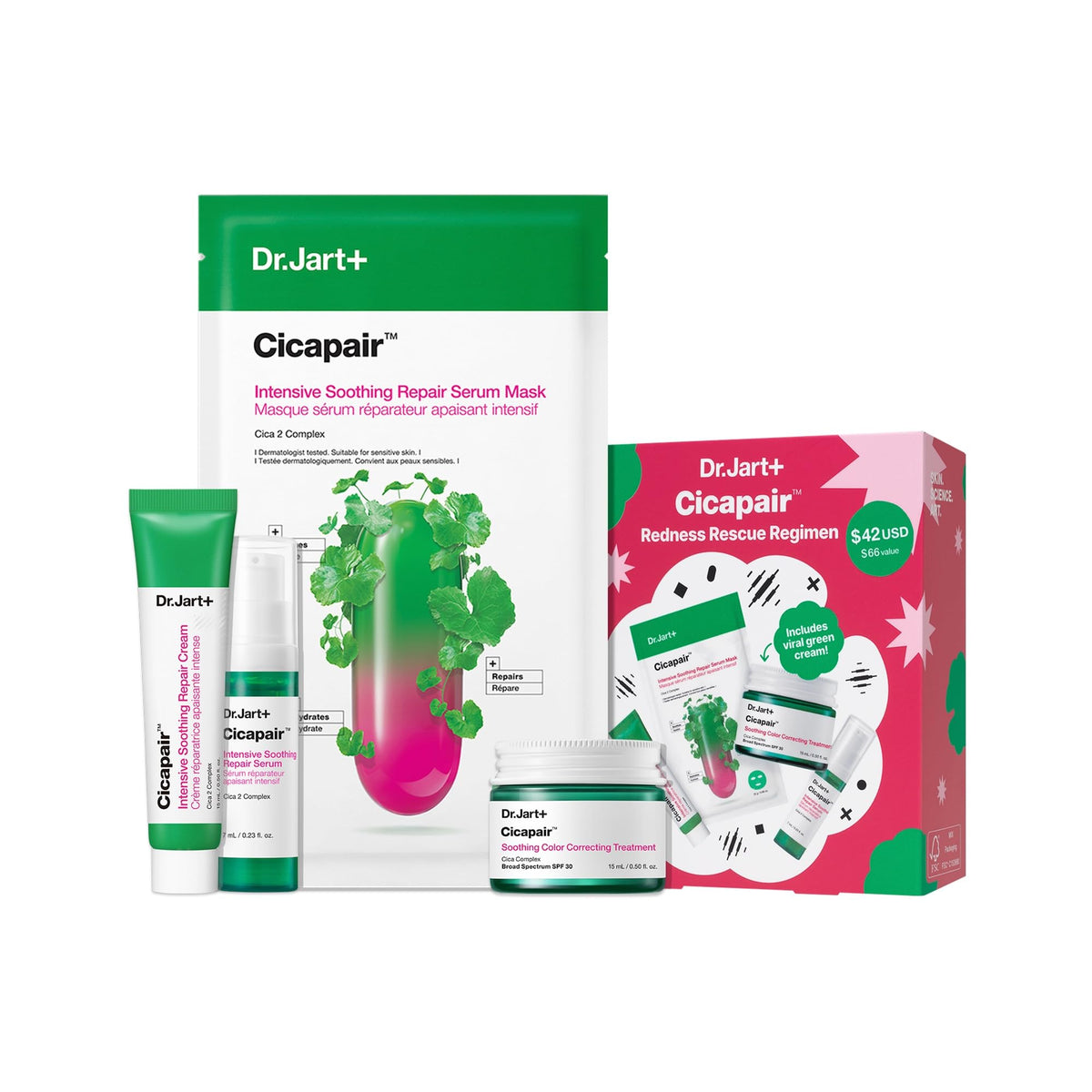 Dr.Jart+ front packaging showing full Cicapair travel set and benefits
