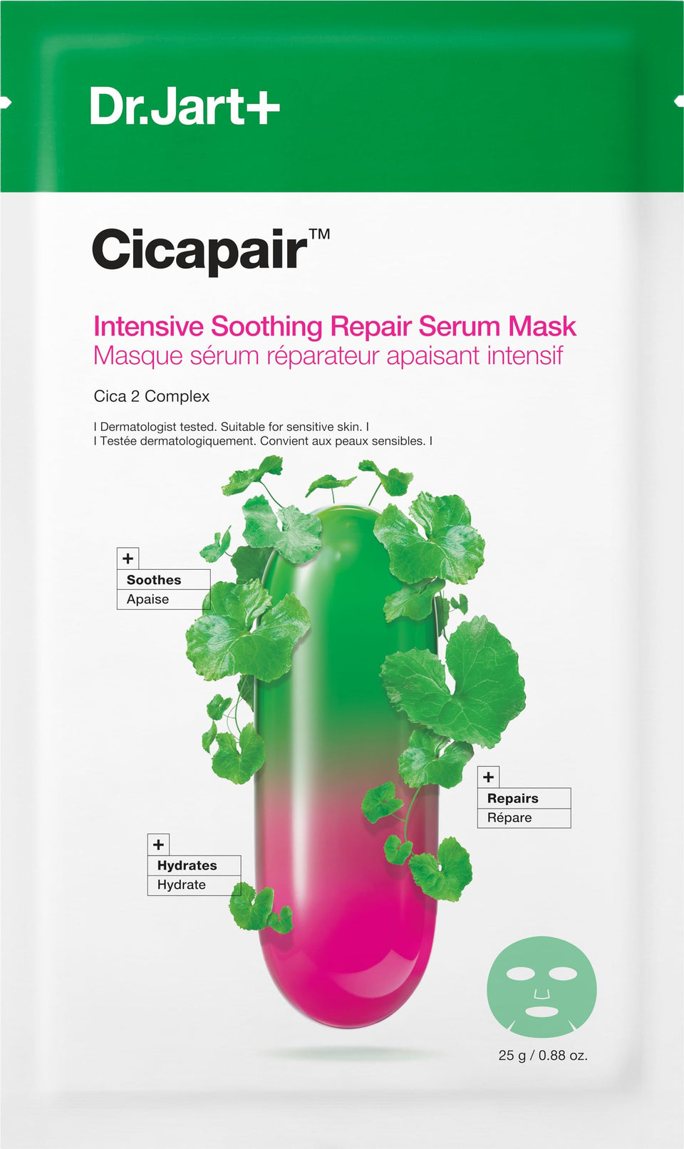 Dr.Jart+ front packaging of single-use Cicapair sheet mask showing travel-size convenience and protection